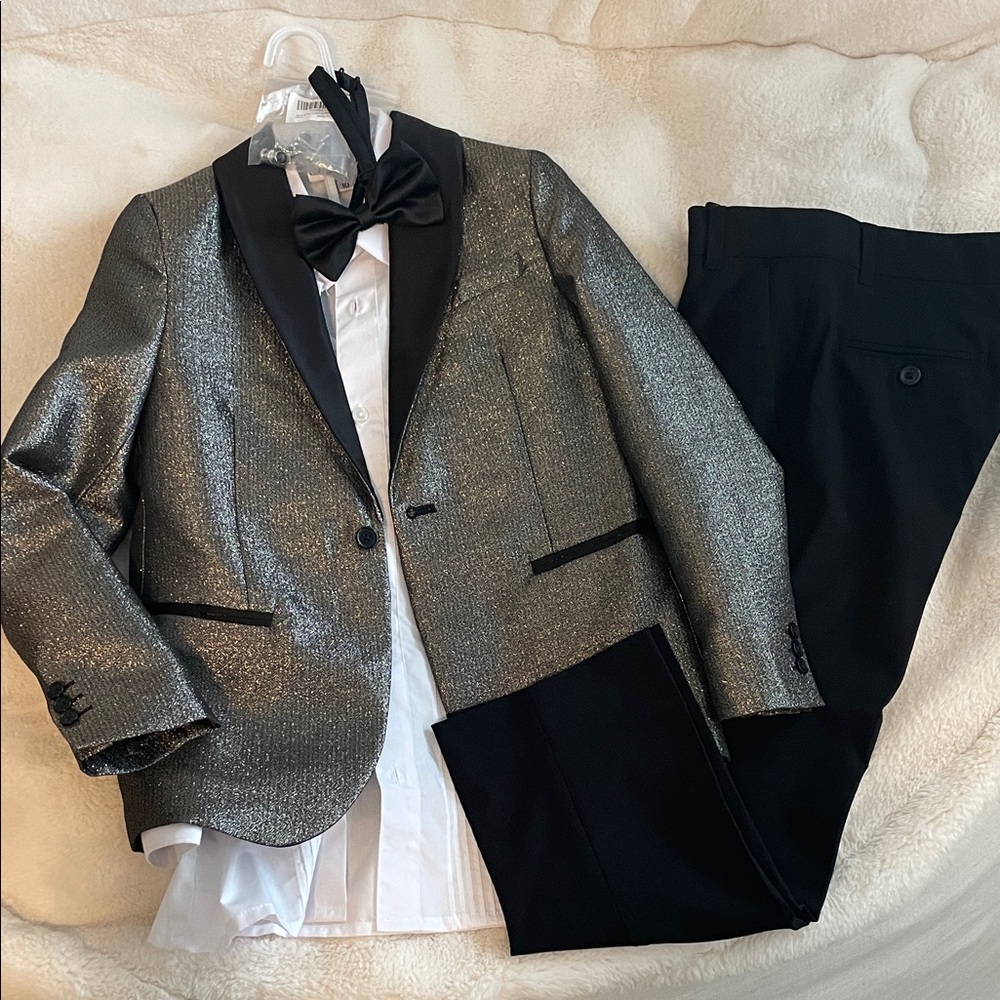 Boys Metallic Silver and Black Tuxedo Set with Bow Tie